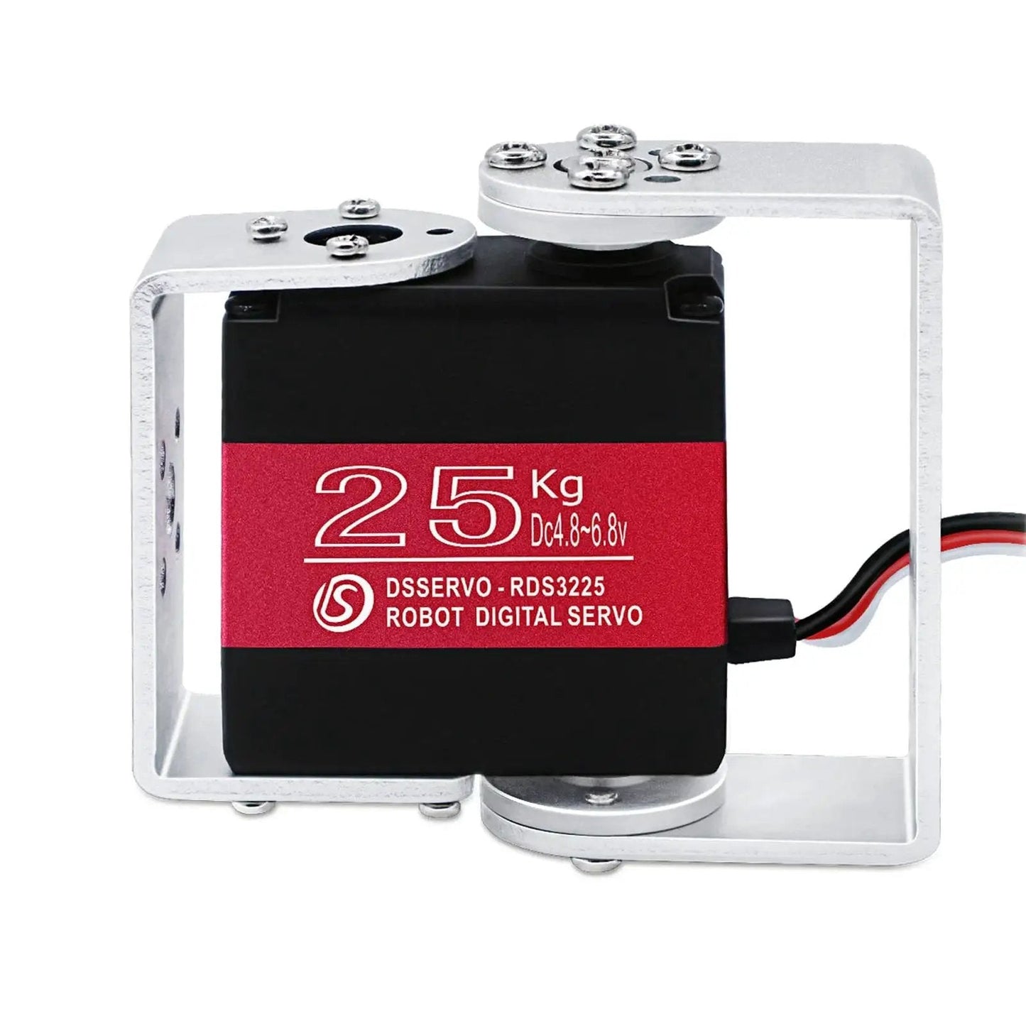 Front view of 25 Kg High Torque Full Metal Gear Digital Servo Motor for robotic arms with mount brackets, industrial grade.