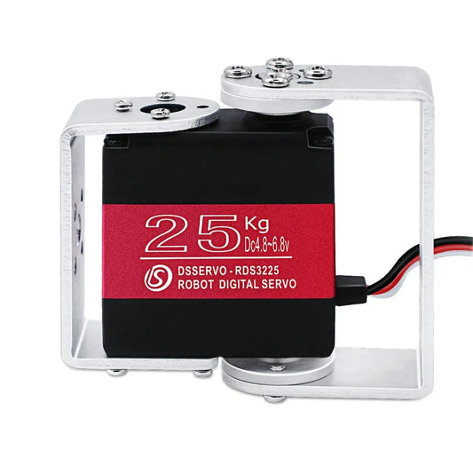Front view of 25 Kg High Torque Full Metal Gear Digital Servo Motor for robotic arms with mount brackets, industrial grade.
