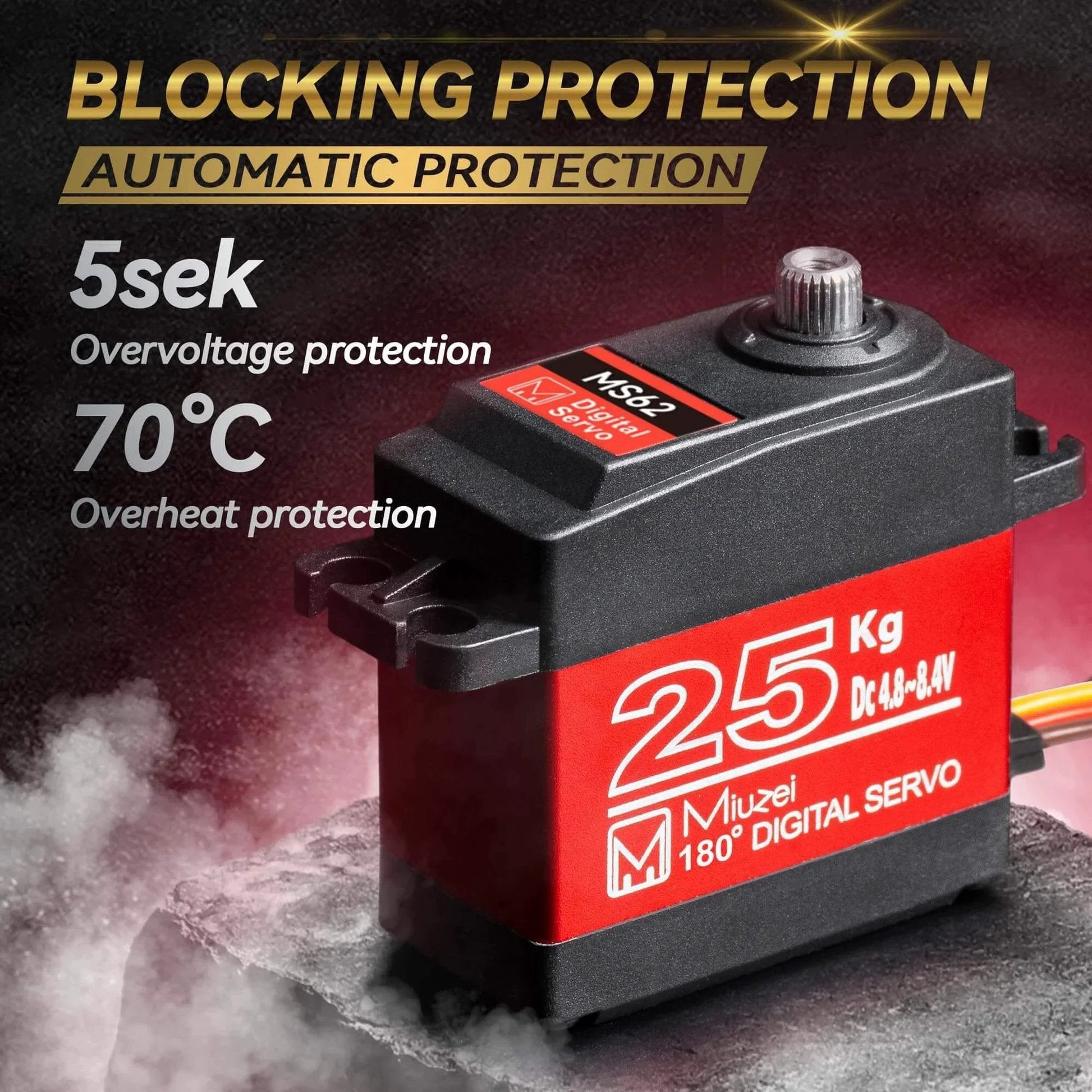 25KG High Torque Servo Motor, Miuzei RC Steering Servo Metal Gear Waterproof Compatible with 1/8, 1/10 RC Car, with 25T Horn 180 Degree (2) close-up view, highlighting 5sek overvoltage and 70°C overheat protection.