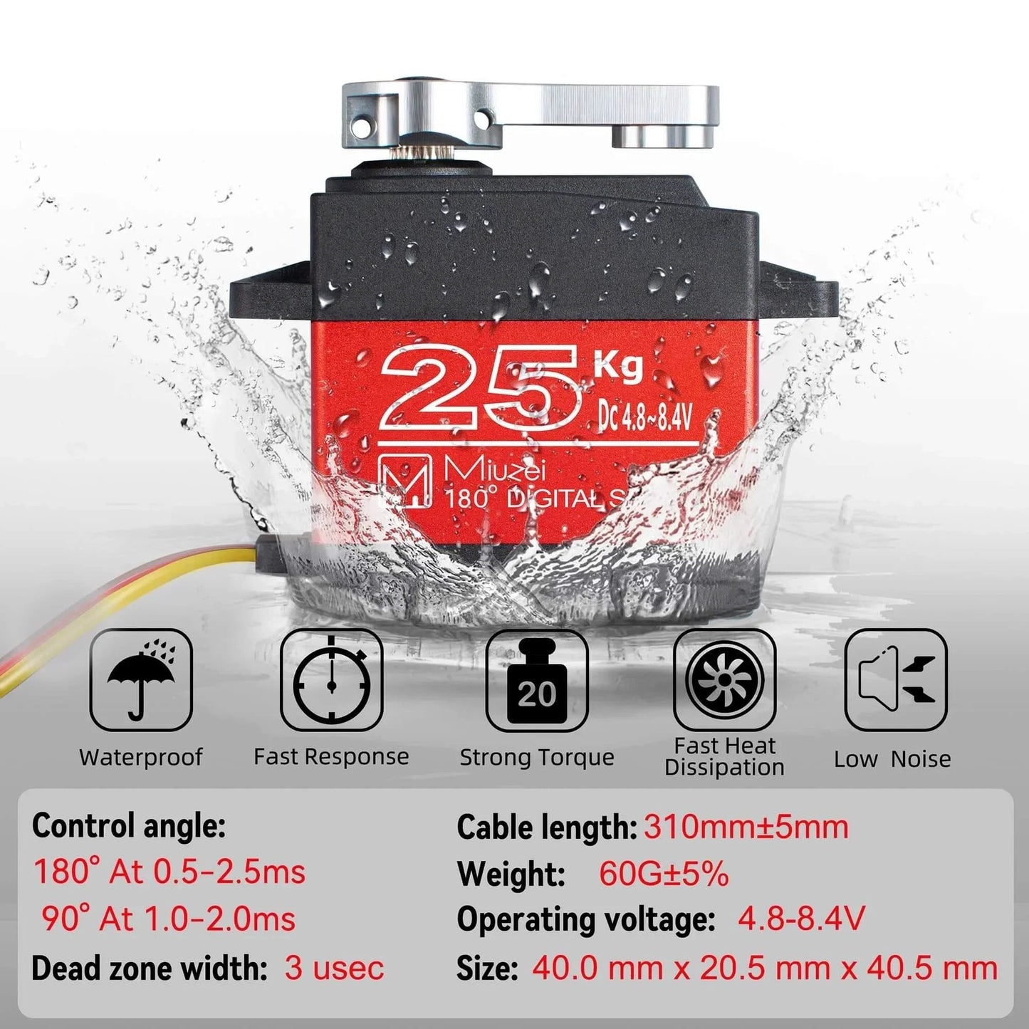 Front view of 25KG High Torque Servo Motor, Miuzei RC Steering Servo, waterproof, metal gear, shown with specifications