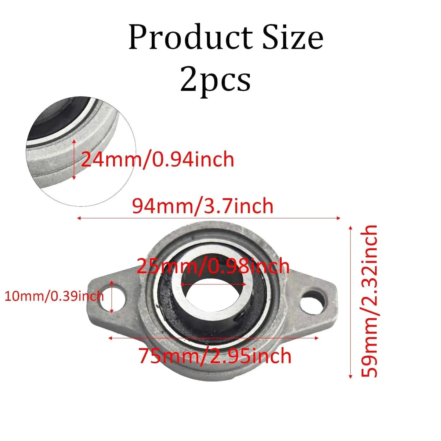 Diagram of Two Pack Beefy Built 25mm Pillow Block Flange Bearing KFL000 with dimensions in mm and inch, zinc alloy housing visible.