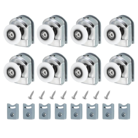 8-piece 25mm shower door rollers replacement set with single runners wheels, pulleys, silver finish, anti collision block and screws