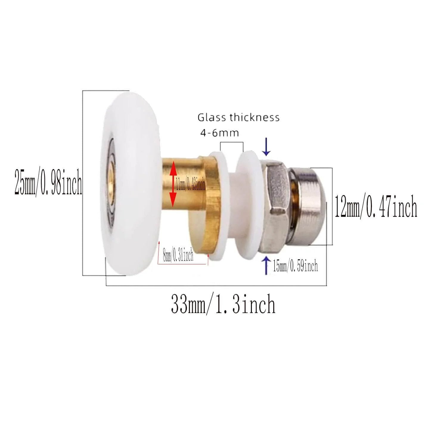 Side view of 25mm Shower Door Rollers Replacement Set 6PCS, copper stainless steel and nylon build for 4–6mm glass doors