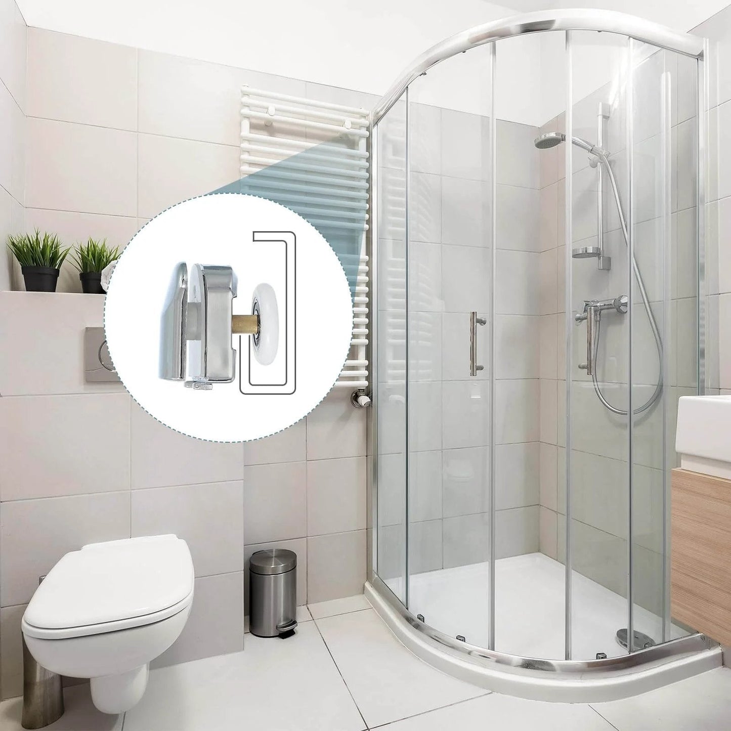 Installed 25mm shower door rollers replacement set with single runners wheels and pulleys in a curved shower enclosure.