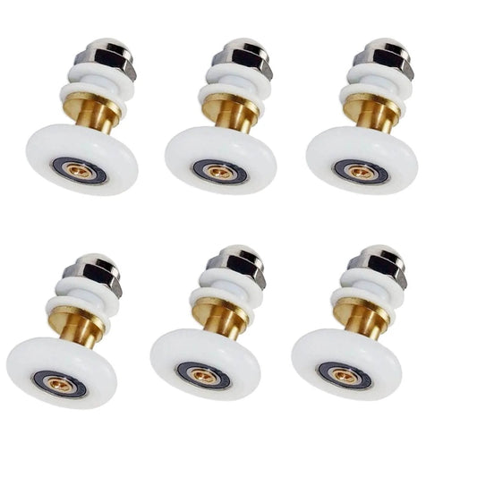 Six 25mm shower door rollers for sliding glass doors, featuring copper, stainless steel, and nylon build for curved and flat glass use.