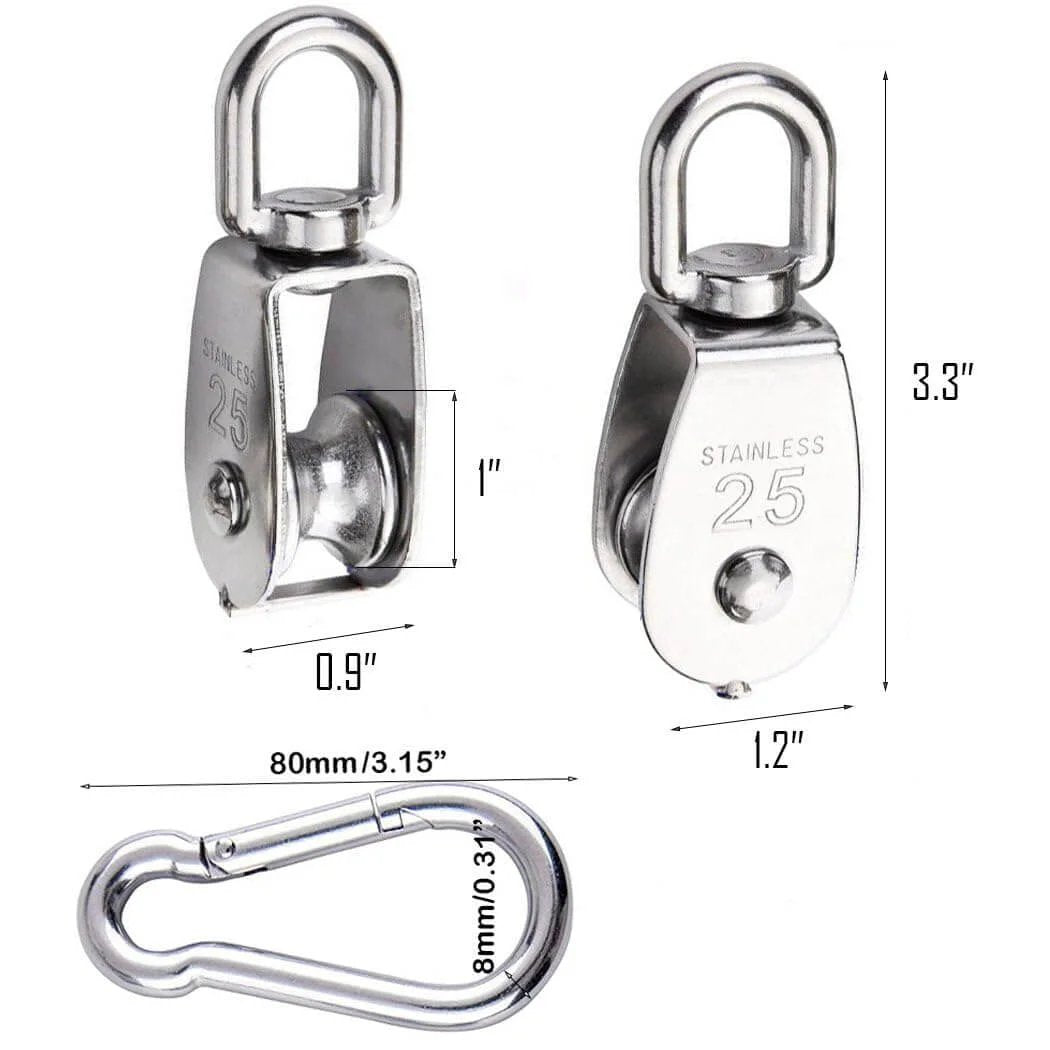 25MM Pulley System, 2 Pcs M25 Pulleys Block with Rope and Hooks, Stainless Steel M25 Single Pulley Wheel, 66ft Nylon Rope & Spring Snap Hook for Indoor Outdoor Lifting Project, showing dimensions