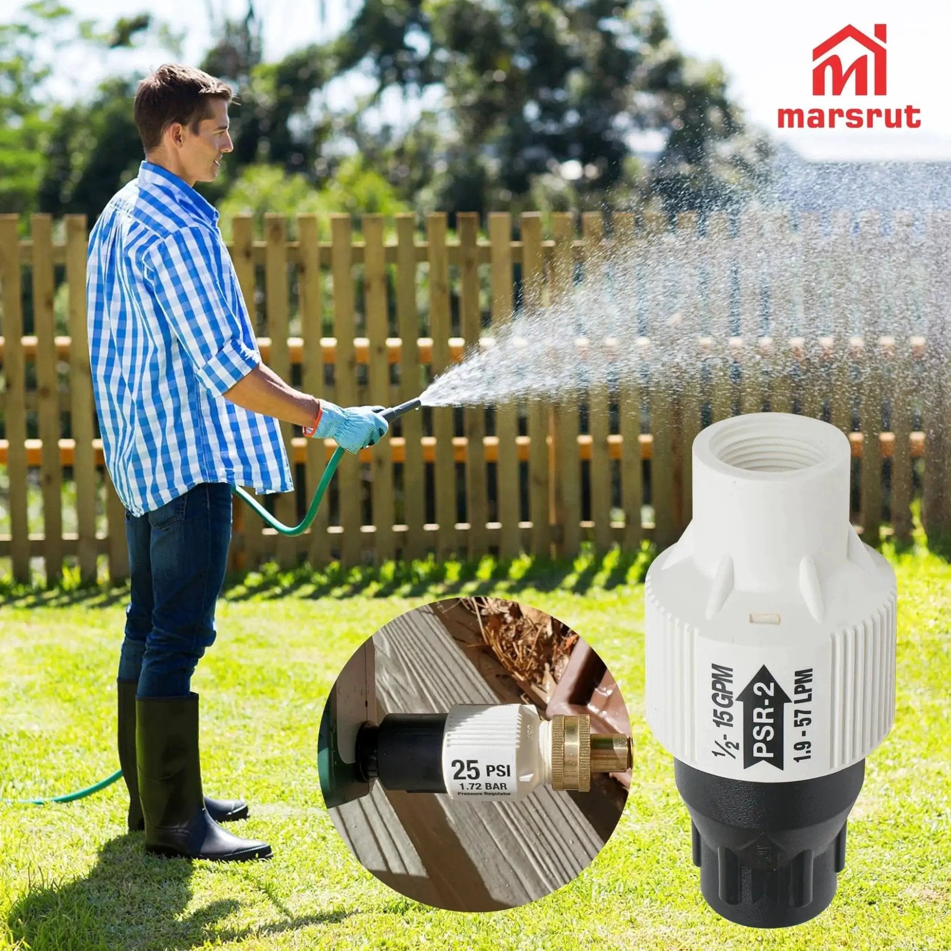 Man using 25 PSI Pressure Regulator for Drip Irrigation and Sprinkler Systems with Three Quarters Inch FPT Female Threads in garden