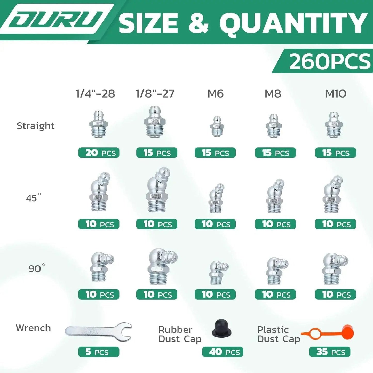 260-Piece Grease Fittings Kit For Grease Gun With SAE And Metric Zerk Fittings, Straight 45 Degree And 90 Degree Angles