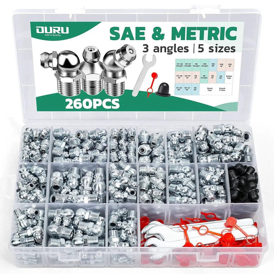 260-Piece Grease Fittings Kit For Grease Gun With SAE And Metric Zerk Fittings, Straight 45 Degree And 90 Degree Angles, Caps In Two Materials, And 7-11mm Wrench Set, open box view