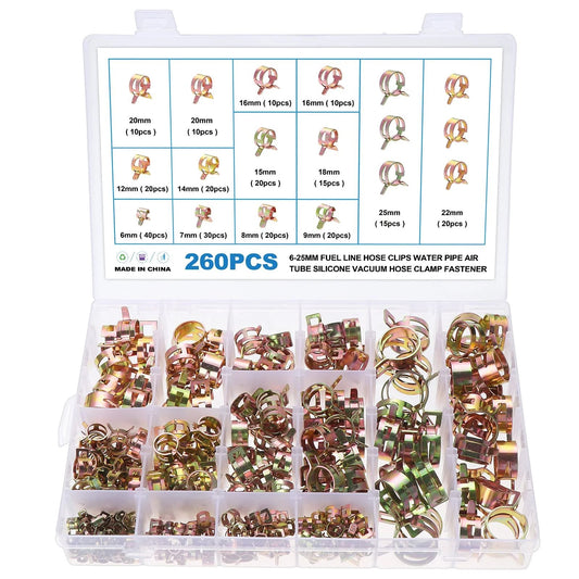 260 Piece 6 To 25mm Fuel Line Hose Spring Clip Clamps Set In 12 Sizes Durable 65Mn Spring Steel Vacuum Hose Pipe Clips For Air Water Tubing And Engine Fuel Lines With 360 Degree Inner Ring Precision Design