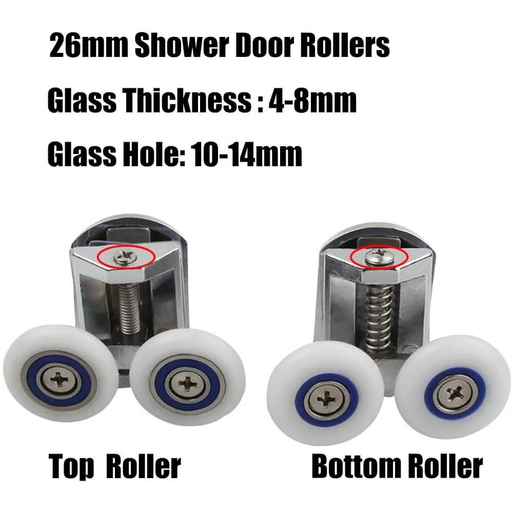 26mm Shower Door Rollers 4PCS Sliding Replacement Wheels Set with Double Twin Top and Bottom Runners for Curved Glass Shower Doors 6–8mm