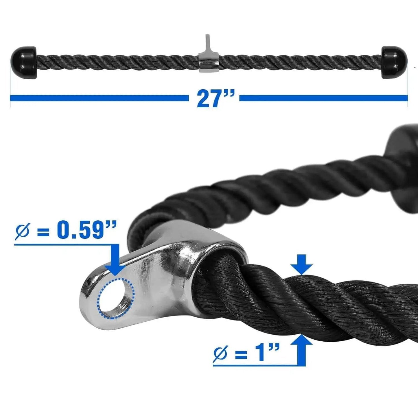 Close-up of Tricep Rope Attachment For Gym Machines 27 Inch Nylon Braided Rope With Stainless Steel Carabiner and Chrome Plated Connector.