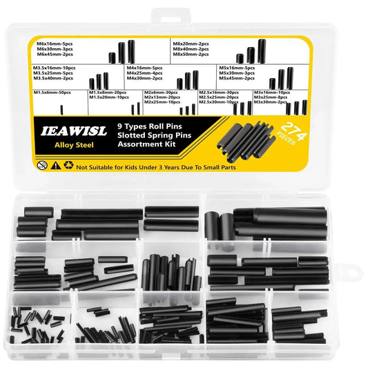 274 Piece Roll Pin Set Slotted Metric Pins 65Mn Steel in assorted sizes displayed in a storage case, ideal for home auto repair and DIY projects.