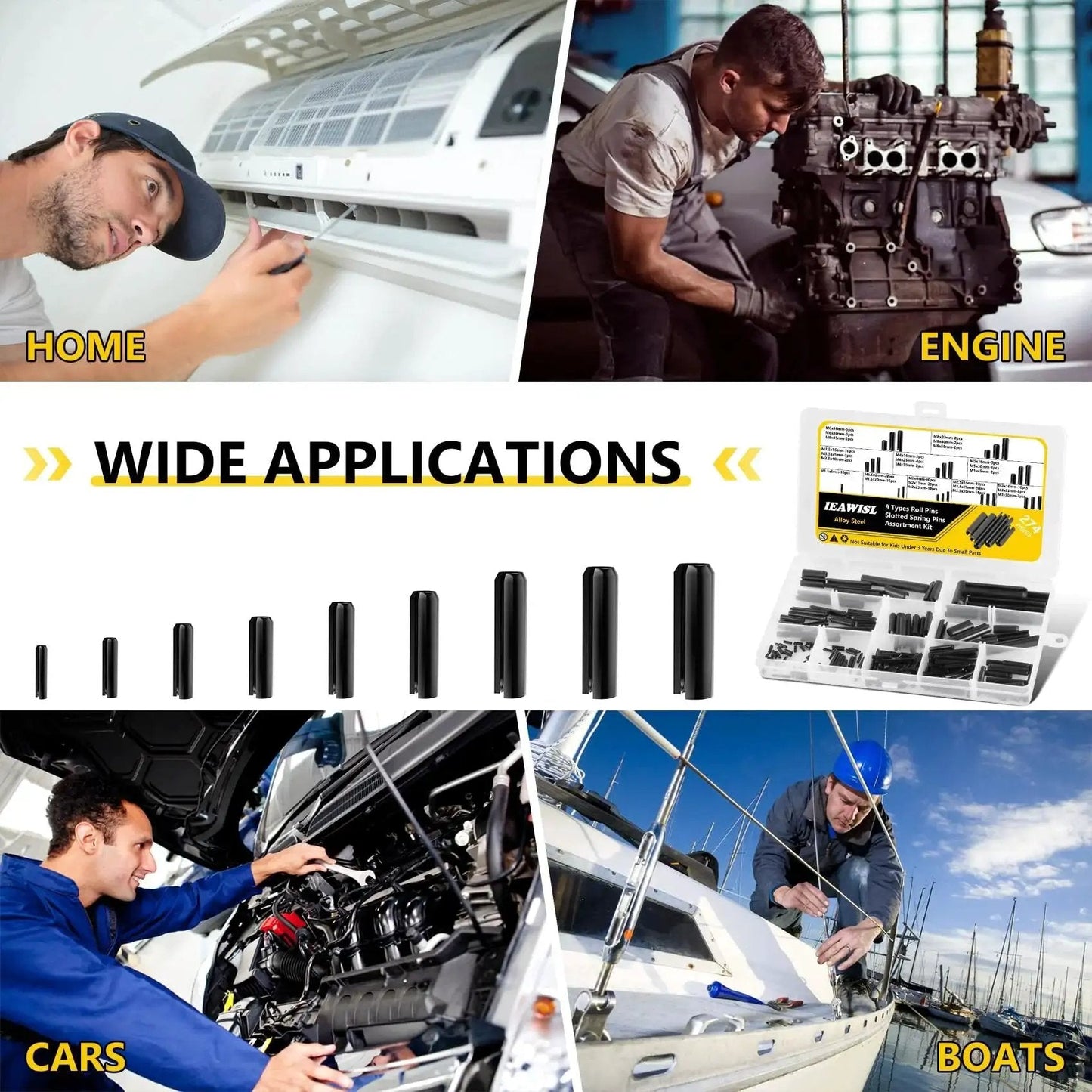 Collage of images showing a 274 Piece Roll Pin Set Slotted Metric Pins 65Mn Steel M1.5 M2 M2.5 M3 M3.5 M4 M5 M6 M8 For Home Auto Repair and applications in home, engine, cars, and boats