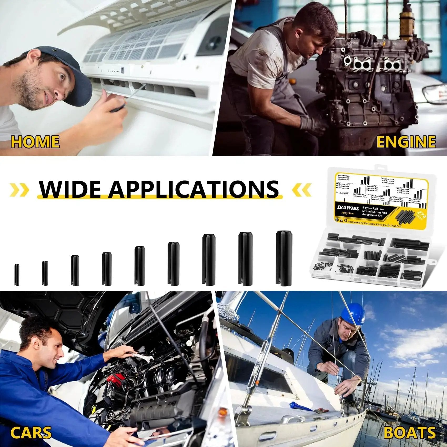 Collage of images showing a 274 Piece Roll Pin Set Slotted Metric Pins 65Mn Steel M1.5 M2 M2.5 M3 M3.5 M4 M5 M6 M8 For Home Auto Repair and applications in home, engine, cars, and boats