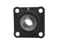 Front view of Single 35mm Bore 4-Bolt Flange Block Bearing with Stainless Steel Set Screw Locking Insert, Black Plastic Housing.