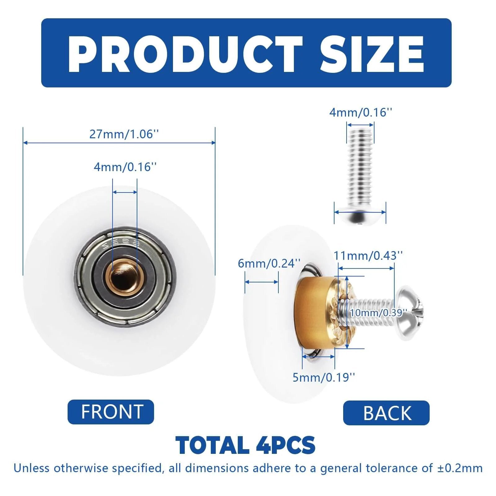 27mm Shower Door Rollers Replacement Set with dimensions and 304 stainless steel runners, showing front and back of track wheels