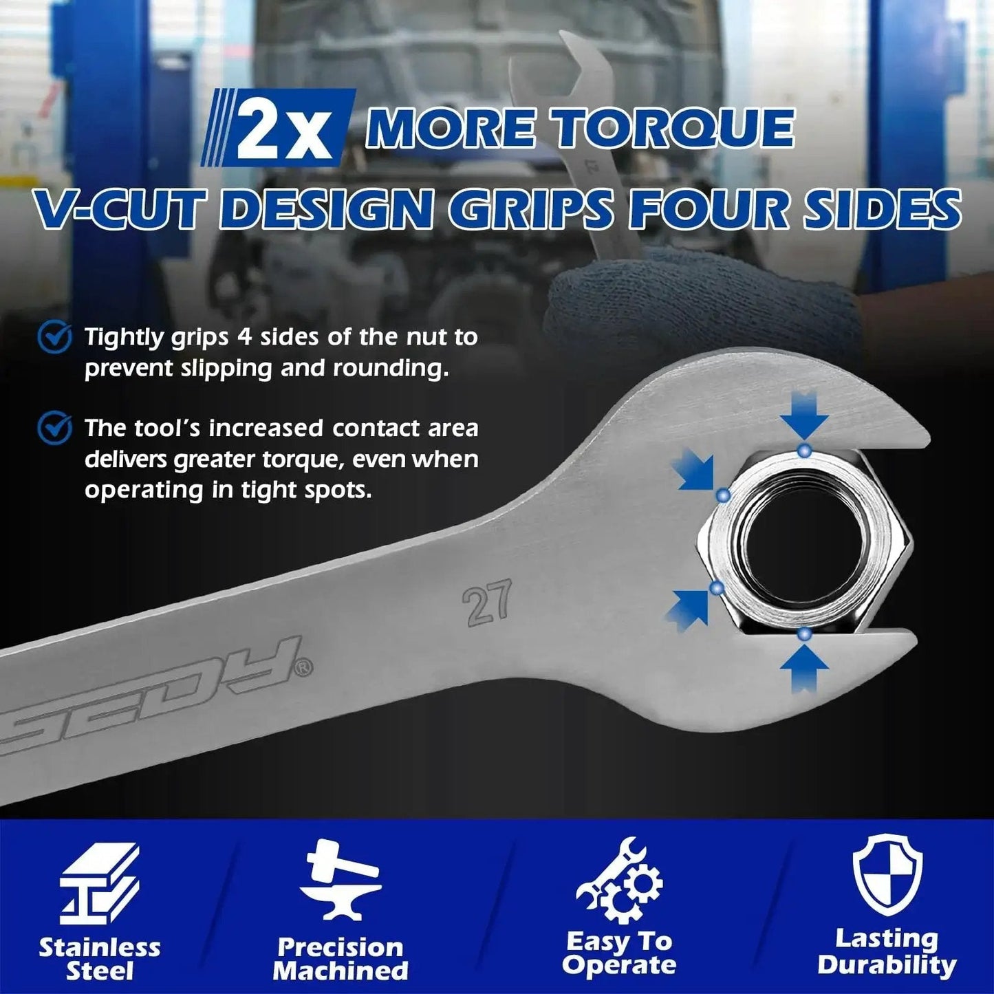 Close-up of a 10-Piece Ultra Thin Open End Wrench Set Metric 5.5–27mm showcasing V-cut design for tight spaces automotive maintenance.