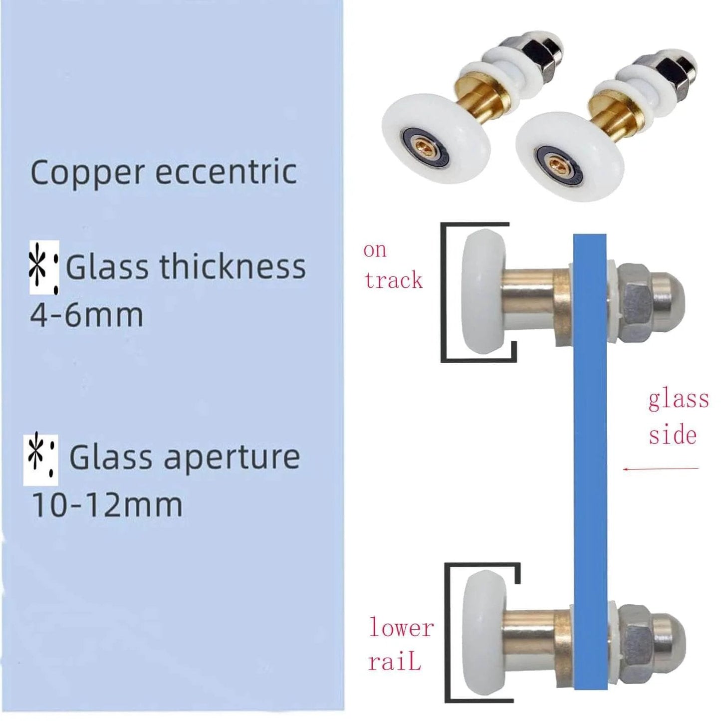 27mm Shower Door Rollers Replacement Set 8PCS for Bathroom Glass Sliding Doors with installation diagram on blue background
