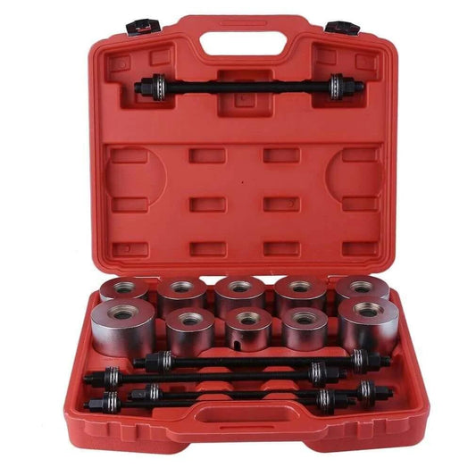 Red case holding 27 Pcs Universal Press & Pull Sleeve Kit Bush Bearing Removal Insertion Tool Set