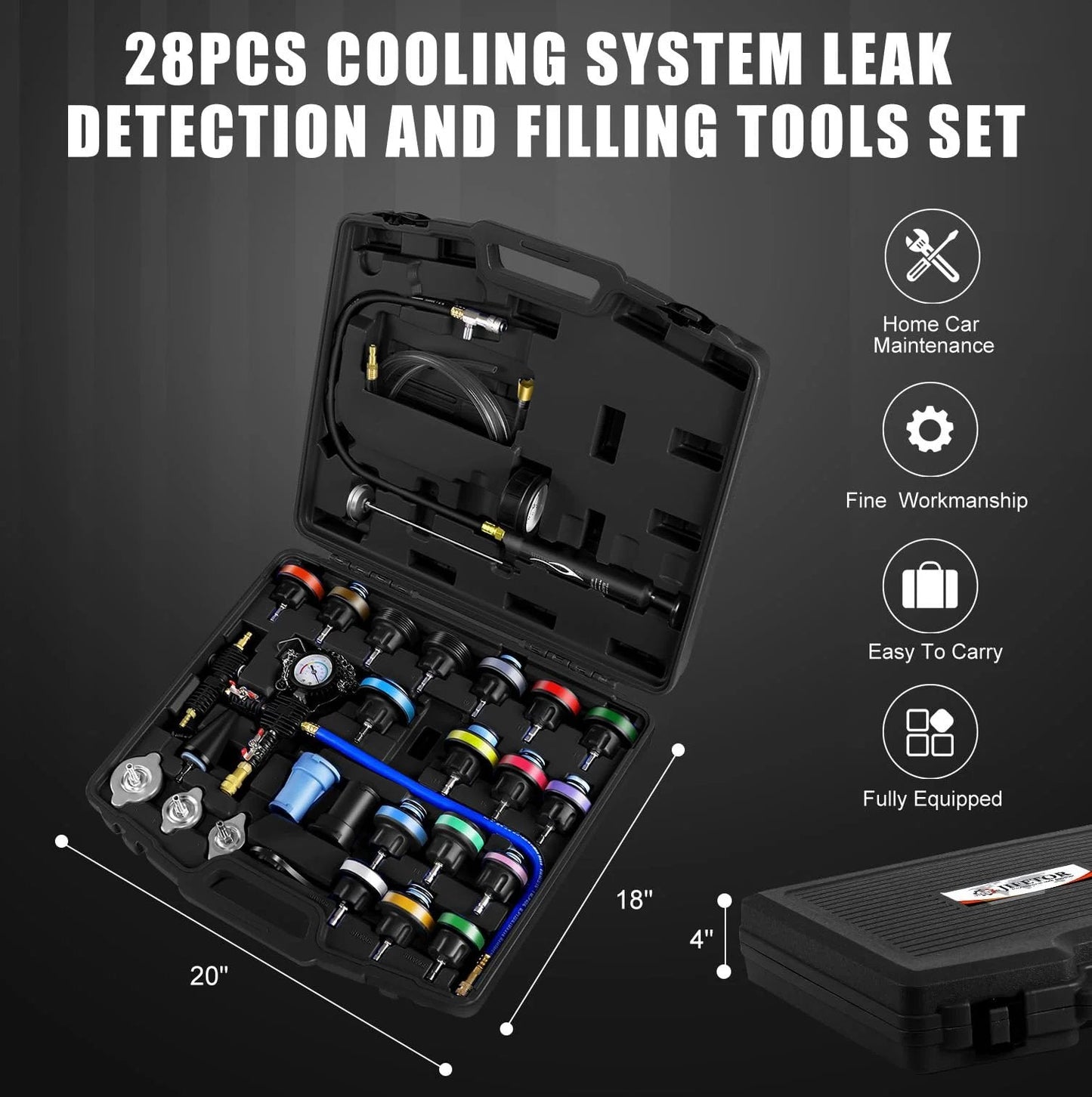 Radiator Pressure Tester And Vacuum Refill Kit For Cooling System, 28 Piece Automotive Leak Test set in portable case, tools visible.