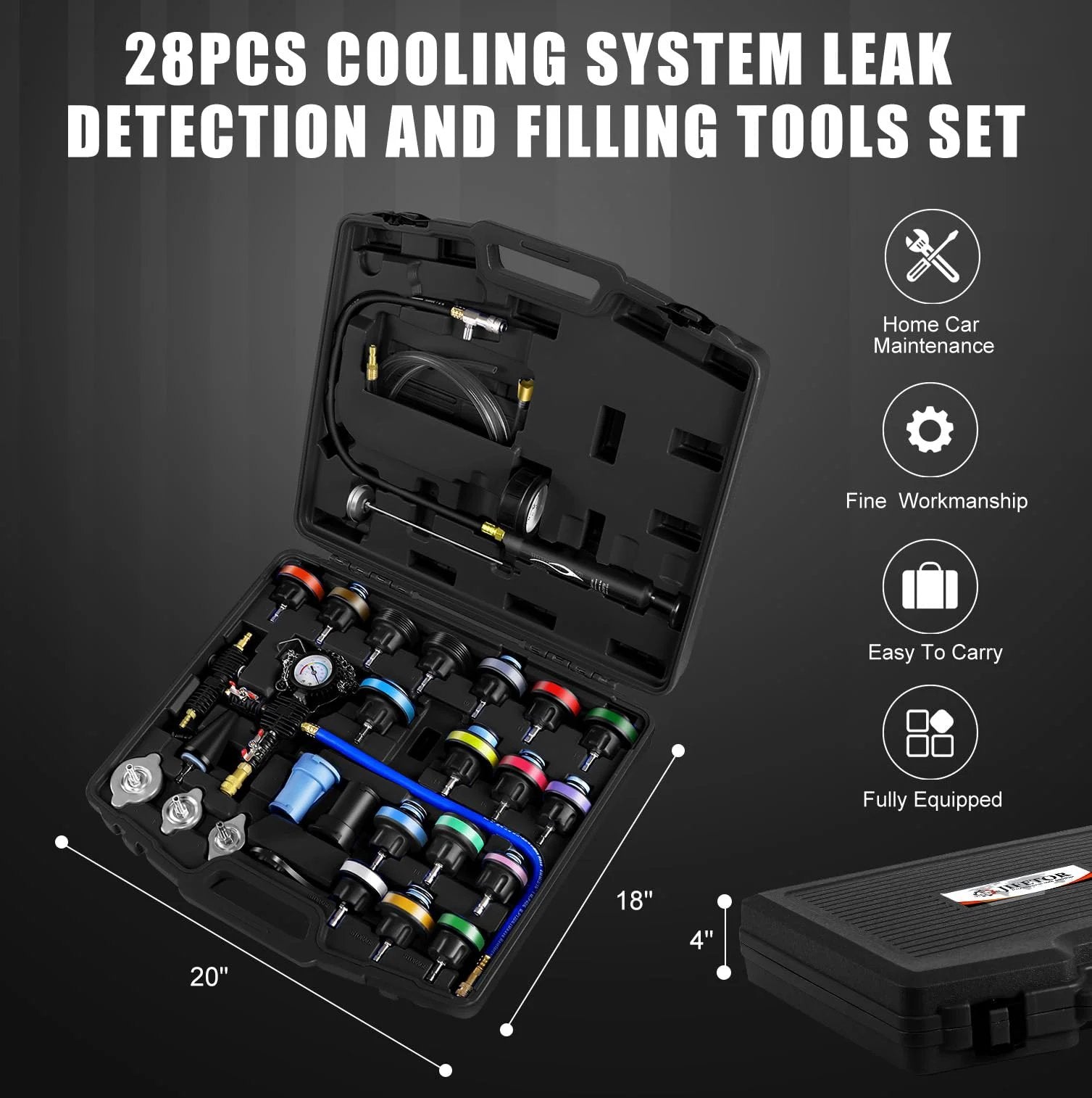Radiator Pressure Tester And Vacuum Refill Kit For Cooling System, 28 Piece Automotive Leak Test set in portable case, tools visible.