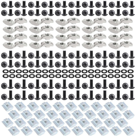 280 Pcs M5 T-Nut and Screw Kit for 2020 Series Aluminum Extrusion, made from carbon steel for 6mm T-slot profiles, including M5 hex socket screws in 8mm, 10mm, and 12mm lengths, M5 T sliding nuts, standard M5 T nuts, and washers in a black finish.