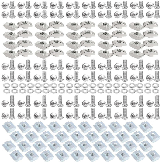 280 Pcs M5 T-Nuts and Screws Kit for 2020 Series Aluminum Extrusion, built from carbon steel for 6mm T-slot profiles, including M5 hex socket screws in 8mm, 10mm, and 12mm lengths, M5 T sliding nuts, standard M5 T nuts, and washers in a silver finish.