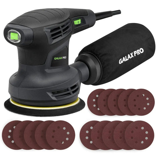 280W Orbital Sander 13000 RPM With Dust Collection And 15 Discs, black ergonomic design with dust bag and sanding discs display.