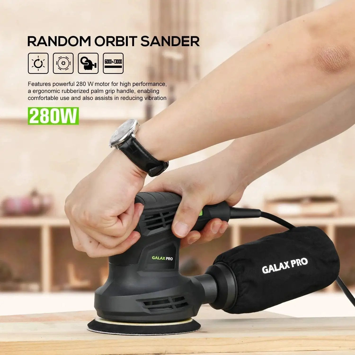 280W Orbital Sander 13000 RPM With Dust Collection And 15 Discs in use, showing ergonomic grip and dust bag attachment.