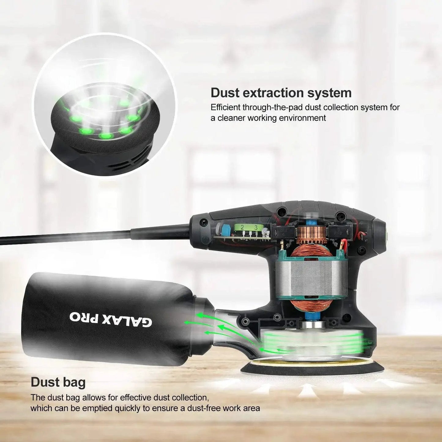 Cutaway view of 280W Orbital Sander 13000 RPM With Dust Collection And 15 Discs, showing dust extraction system and dust bag.