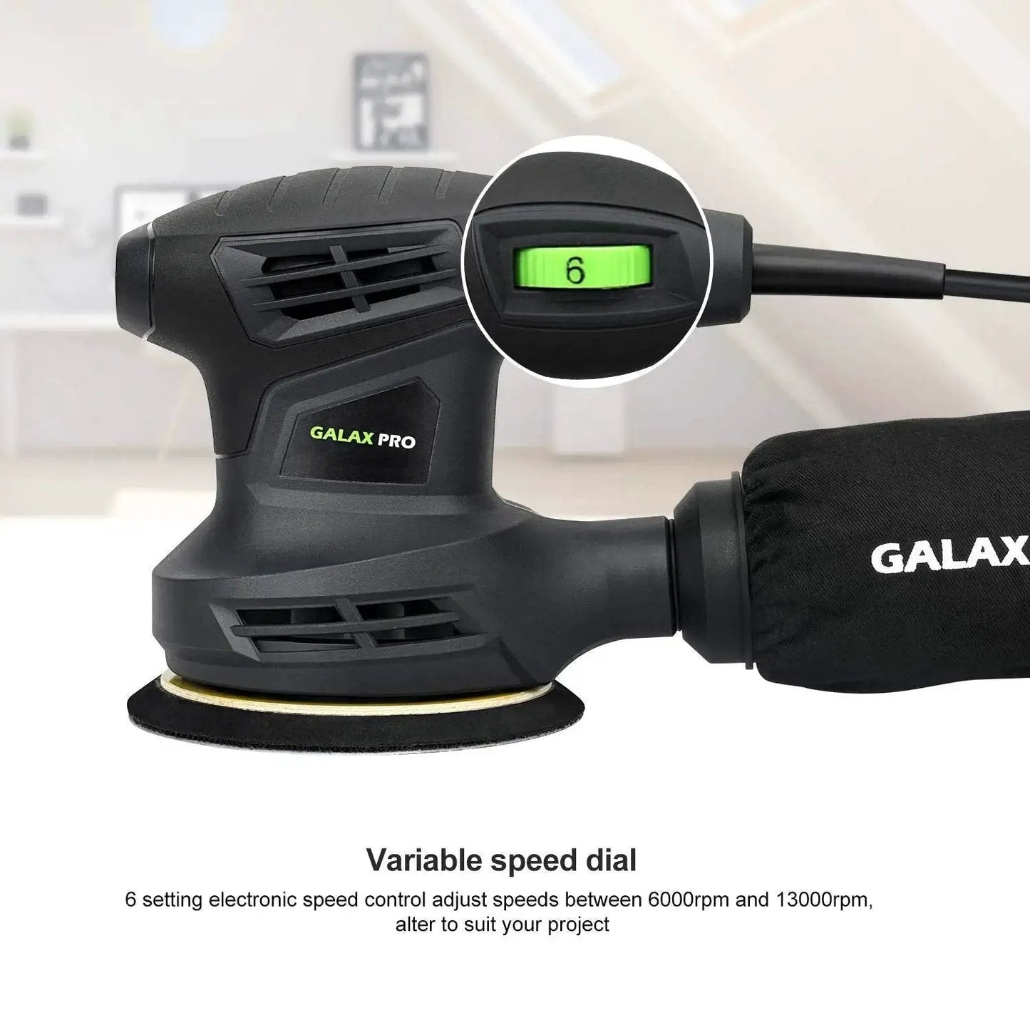 280W Orbital Sander 13000 RPM with variable speed dial and dust collection bag, close-up view