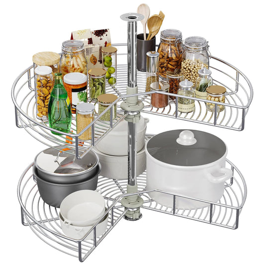 28 Inch Kidney Shaped Chrome Pie Cut Lazy Susan Corner Organizer For Kitchen Base Cabinets With 270 Degree Rotation And Telescoping Mount Two Shelf Blind Corner Storage For Pots Pans Lids And Containers