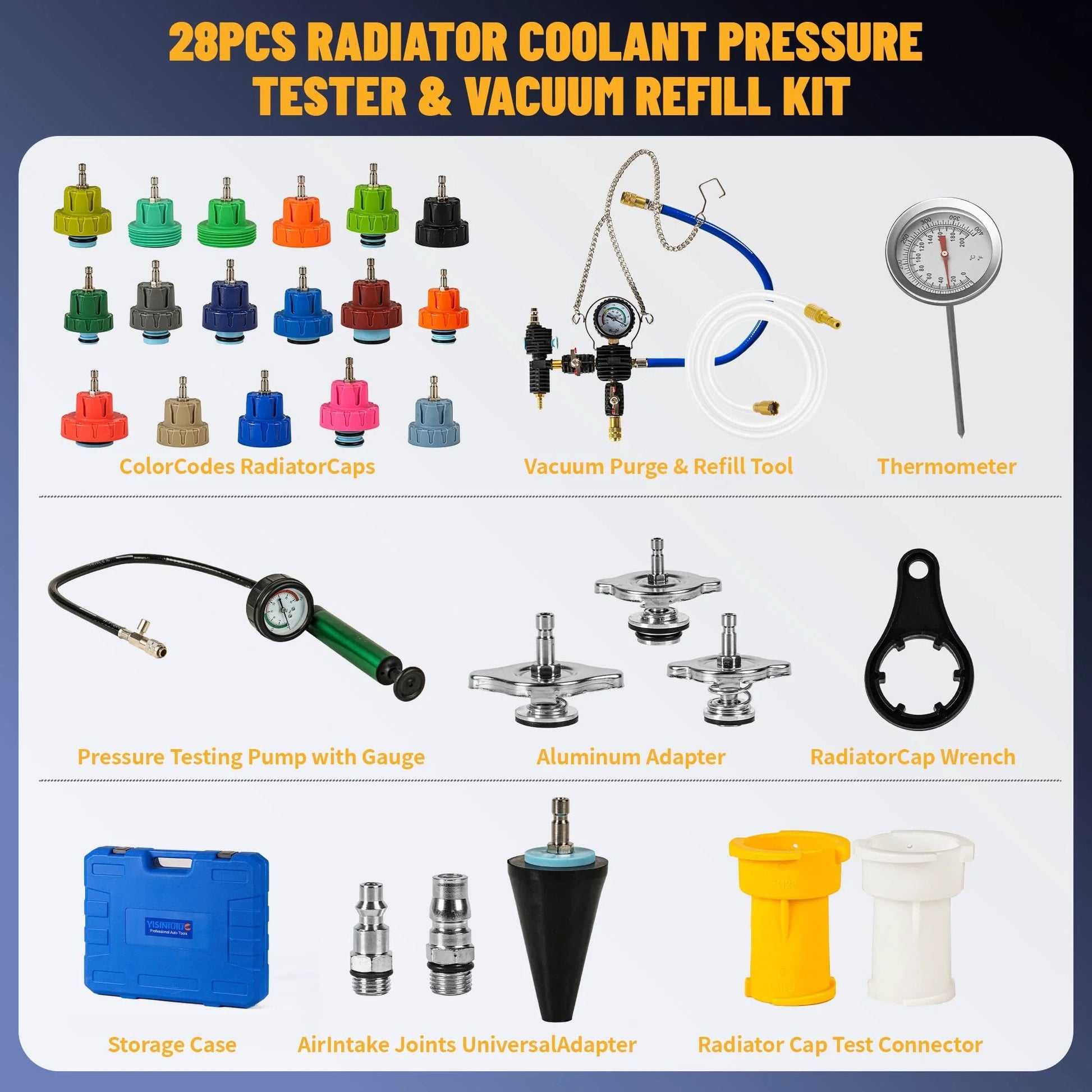 Universal 28 Piece Radiator Pressure Test Kit With Vacuum Pump And Vacuum Refill For Automotive Cooling System Leak Detection And Coolant Pressure Testing Water Tank Test Tool Set In Durable Tool Box, featuring various adapters and tools.