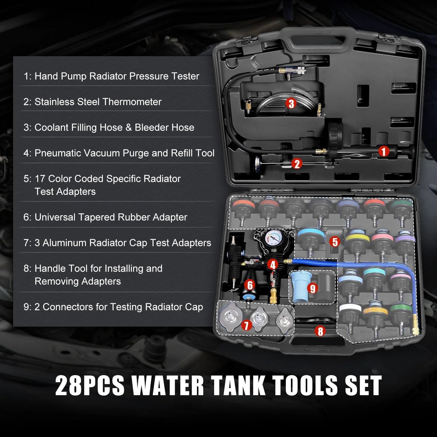 28 Piece Radiator Pressure Tester And Vacuum Refill Kit For Cooling System with adapters and tools in durable case.