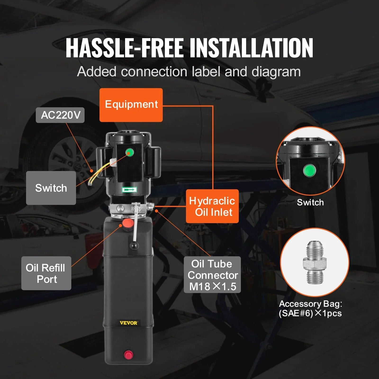 Diagram showing Hydraulic Pump 2950 PSI 60HZ Hydraulic Power Unit 3 HP 220V connections and parts with labels for easy installation