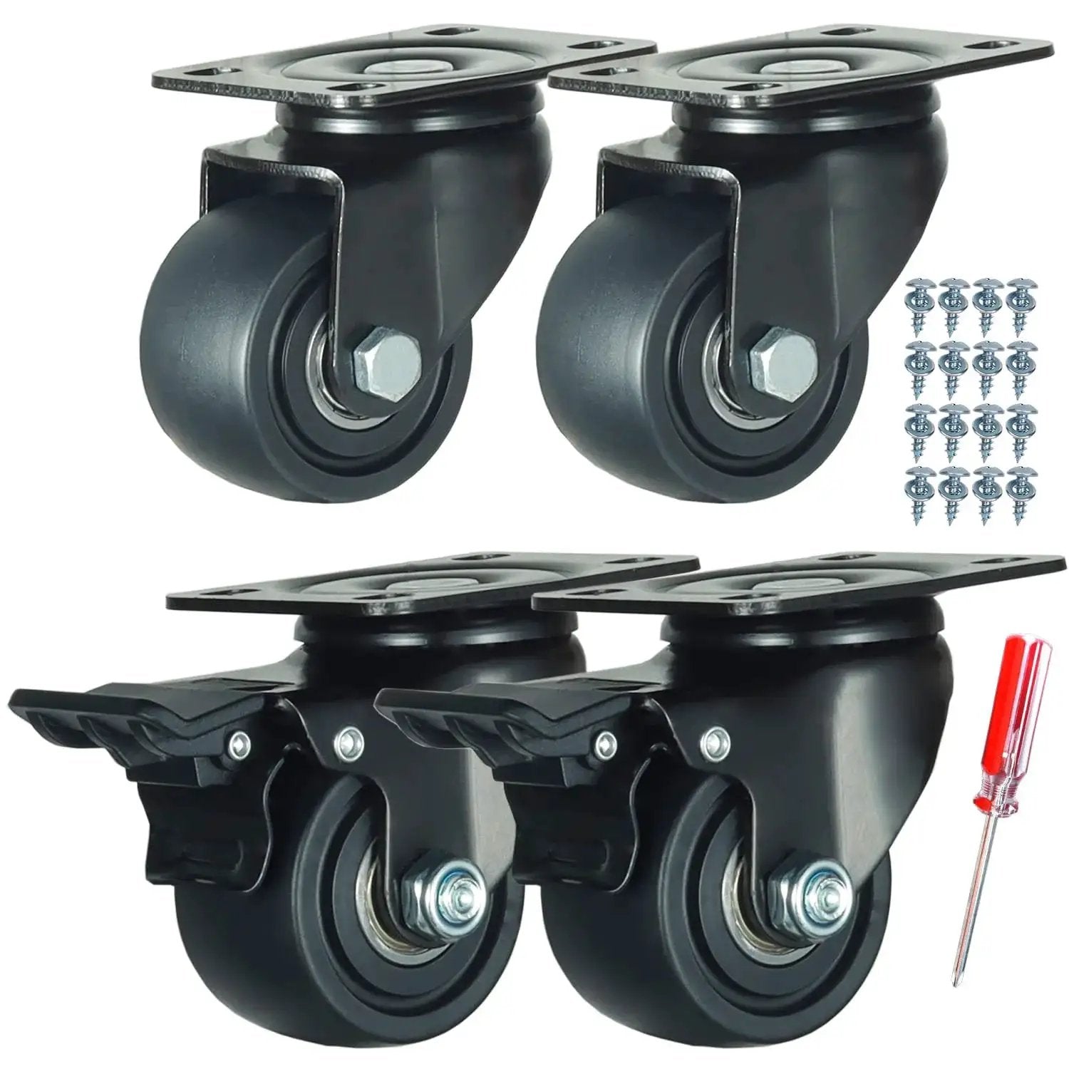 2.5 Inch Heavy Duty Plate Casters With 360 Degree Swivel Top Plate Nylon Wheels 1500 Lbs Load Capacity Ideal For Workbenches Work Carts Trolleys And Furniture Including Two With Brakes And Two Without Durable Nylon Construction For Longevity And Smooth