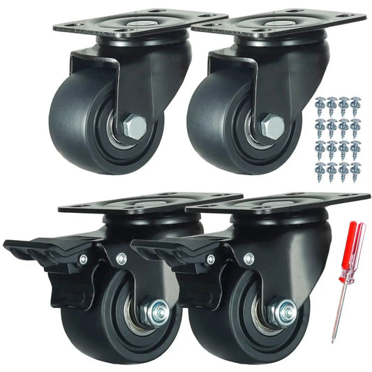 2.5 Inch Heavy Duty Plate Casters With 360 Degree Swivel Top Plate Nylon Wheels 1500 Lbs Load Capacity Ideal For Workbenches Work Carts Trolleys And Furniture Including Two With Brakes And Two Without Durable Nylon Construction For Longevity And Smooth
