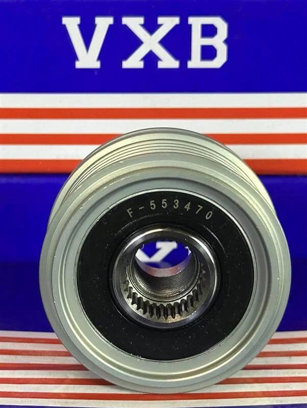 F‑553470 / 535001210 Alternator Freewheel Pulley 6 Rib 61 mm OD front view with black and silver finish.