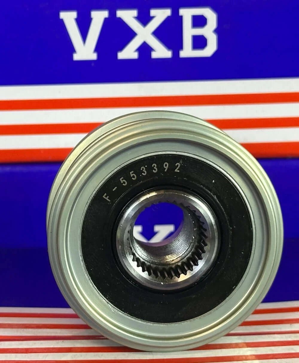 F‑553392 Alternator Freewheel Clutch Pulley 5 Groove, 54 mm OD 535012110 viewed from the front, showing details of the pulley design.
