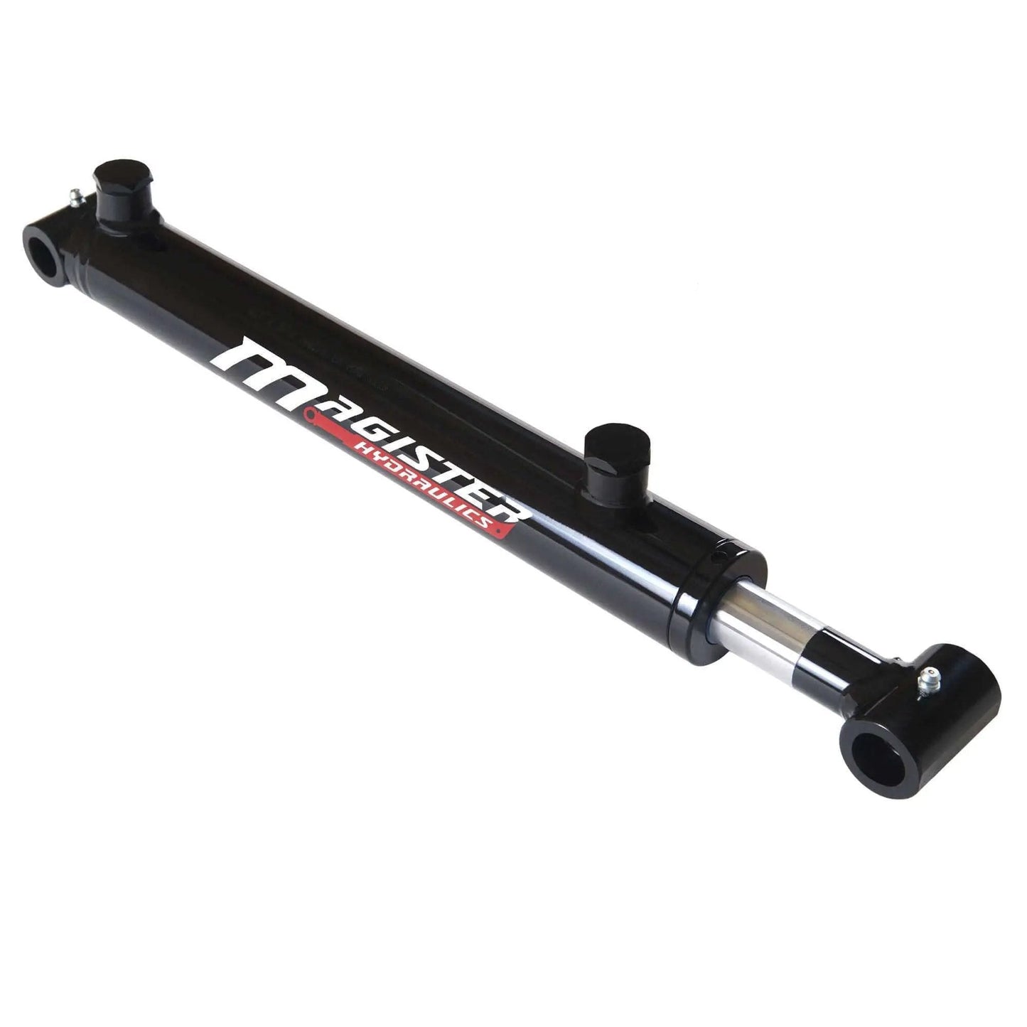 Direct From Manufacturer 2 Inch Bore 24 Inch Stroke Welded Heavy Duty Hydraulic Cylinder With Cross Tube Ends Double Acting Piston 3500 PSI Rating 8400 Lb Load SAE 6 Ports Universal Hydraulic Ram Magister side view