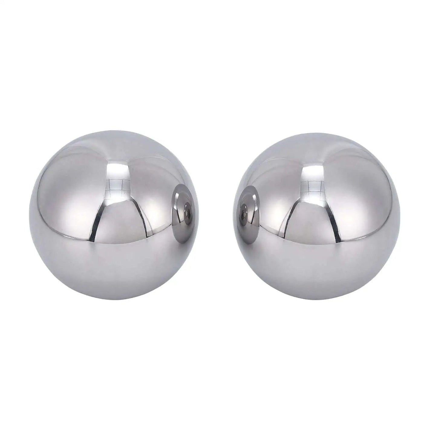 Two 2 Inch Diameter Hardened Chrome Steel Bearing Balls Two Piece Set for Precision Machines, polished and reflecting light.