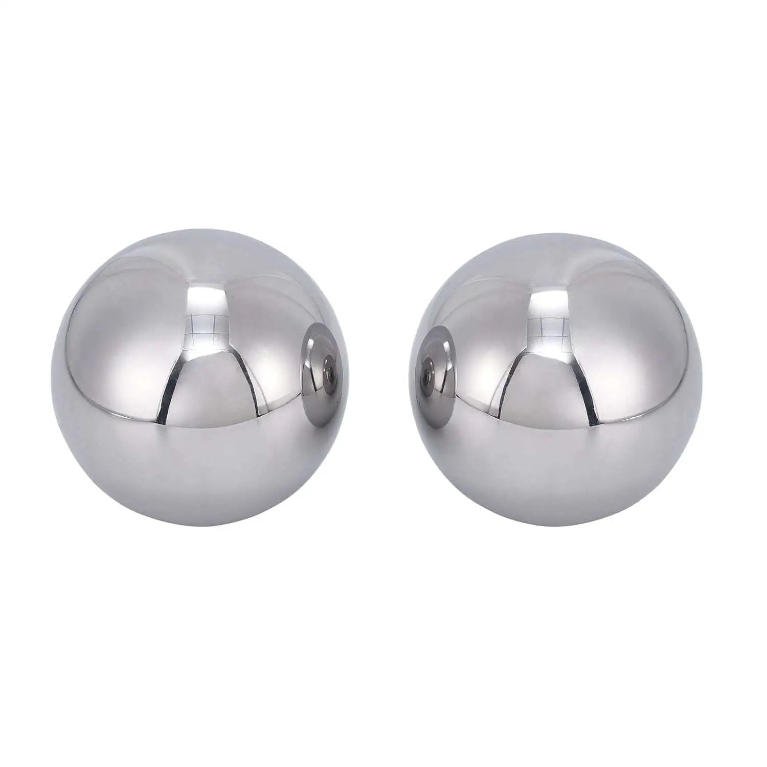 Two 2 Inch Diameter Hardened Chrome Steel Bearing Balls Two Piece Set for Precision Machines, polished and reflecting light.