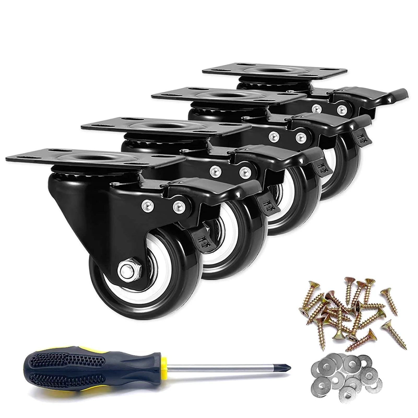 2 Inch Caster Wheels Heavy Duty Set of 4 Locking Swivel Casters with Top Plate Non Marking Black TPR Wheels for Carts