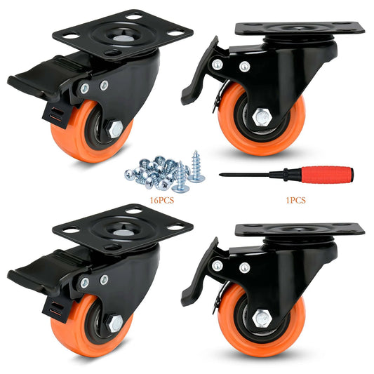 2 inch heavy duty caster wheels set of 4 with locking brakes orange polyurethane top plate swivel casters rated 600 lb