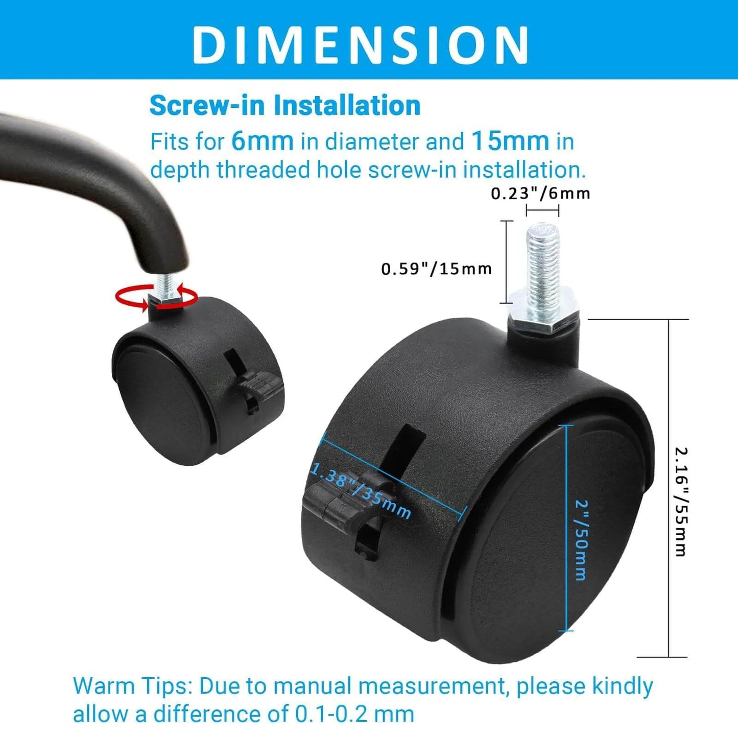 Diagram showing dimensions of 4pcs 2 Inch Swivel Caster Wheels with M6 Threaded Stem and Brake Heavy Duty Black Nylon Replacement Casters.