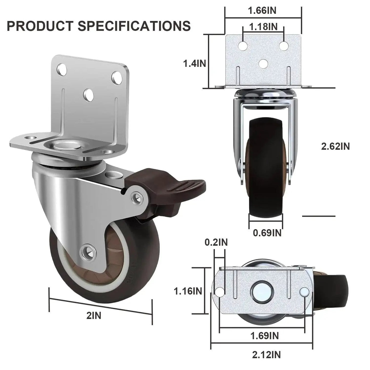 Technical drawing and dimensions of 2 Inch Side Mount Caster Wheels Set Of 4 For Furniture And Cribs Rubber TPR Silent Swivel Castors Floor Safe Anti Skid Ideal For Tables Cabinets And Desk Chairs Total Capacity 300 Lbs