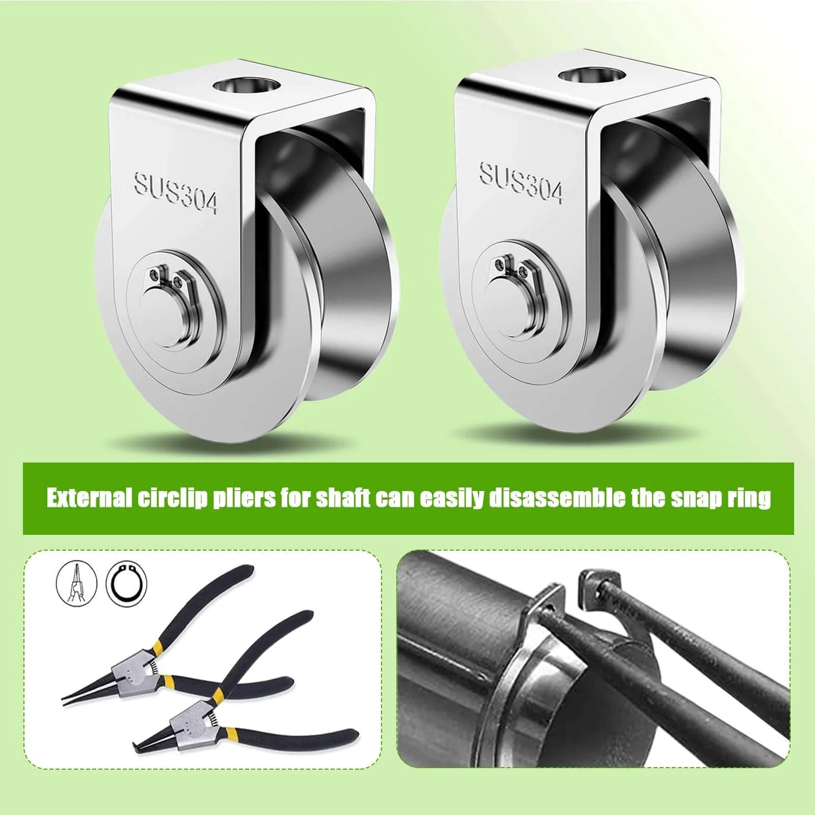 2Pack Pulley Block U 304 Stainless Steel Pulley Roller, 2 Inch Heavy Duty Duplex Bearing Silent Grooved Wheel Loading 880lb/400Kg for Material Handling and Moving, shown with external circlip pliers and snap ring.