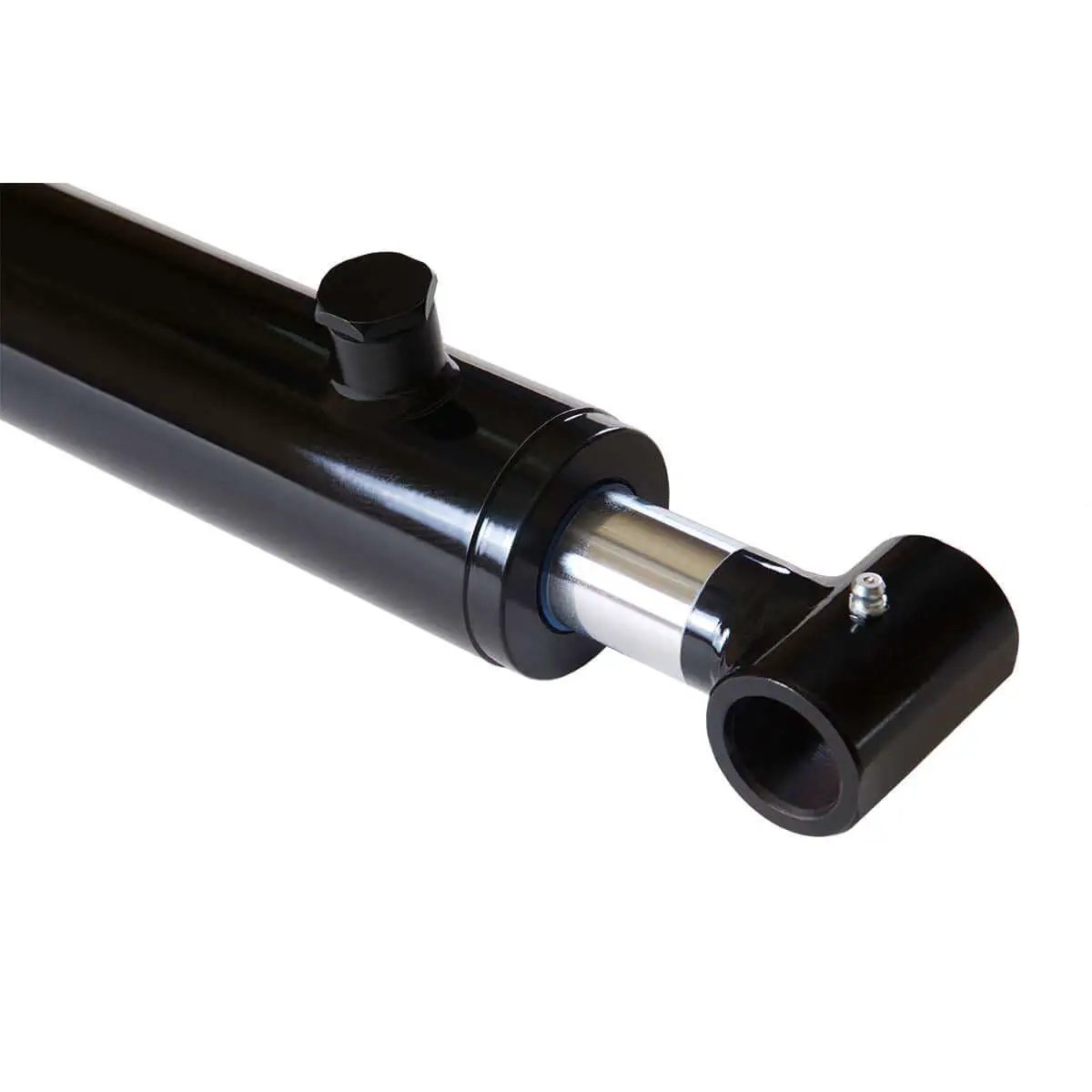 Close-up of Direct From Manufacturer 2 Inch Bore 24 Inch Stroke Welded Heavy Duty Hydraulic Cylinder With Cross Tube Ends Double Acting Piston