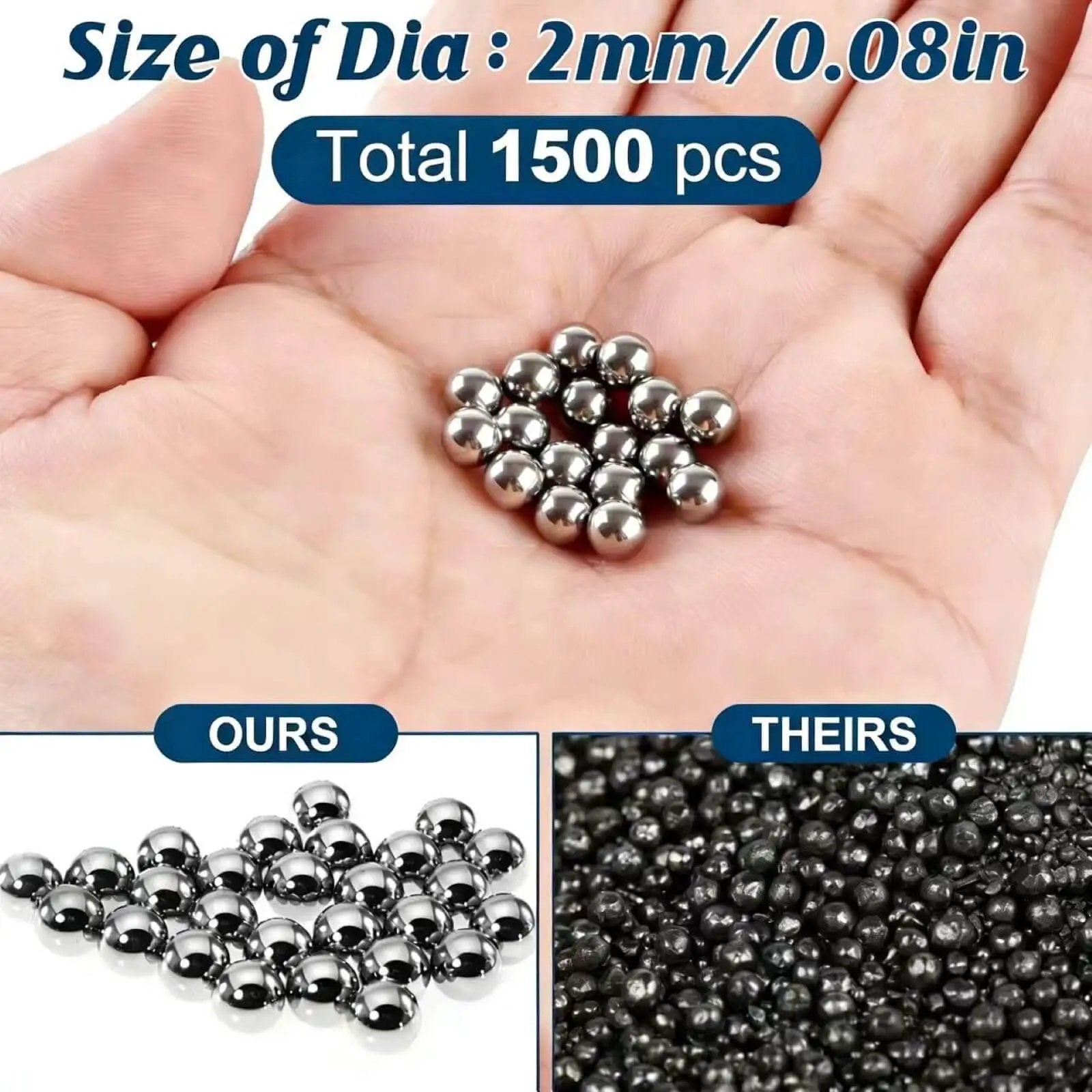 2mm Stainless Steel Precision Balls Set, 1500 Pcs of 304 Grade Bearing Balls in hand, size comparison ours vs theirs